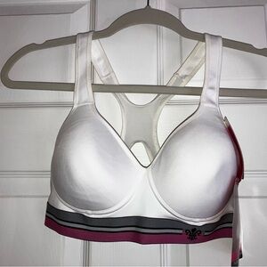 Lily of France White (Pink/Black Trim) Sports Bra with Moisture-Wicking Fabric